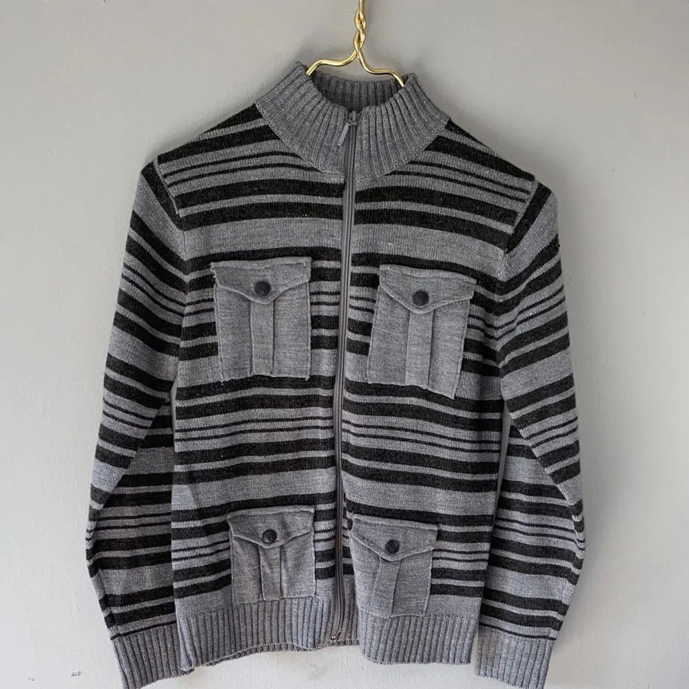 Boys Striped Zip-Up Sweater - Gray
